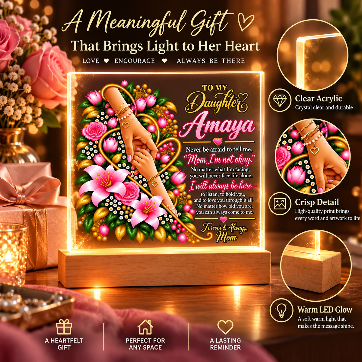 Personalized To My Daughter Acrylic Plaque – Custom Name LED Keepsake Gift from Mom
