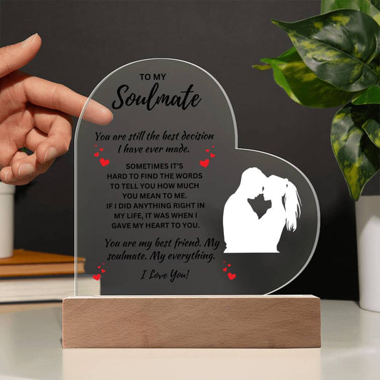 To My Soulmate | Heart Acrylic Plaque | Romantic Gift for Couples | Ideal for Anniversaries, Valentines, Birthdays, Him & Her | LED Night Light