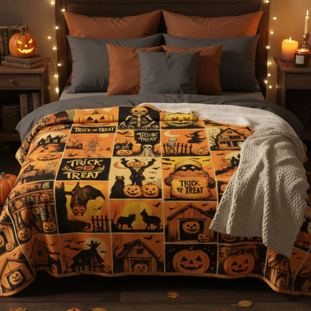 Vintage Halloween -Velveteen Blanket - Cozy Spooky Season Throw